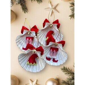 Seashell Christmas Ornaments, Set of 4, Coastal Elf Shell Decorations Scallop